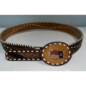 State of Texas Lone Star Belt‎ Buckle W/Brown Cowhide Belt Western Size 38